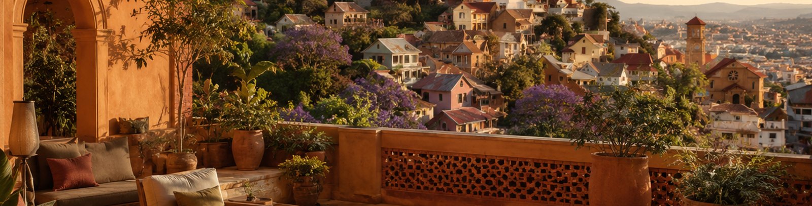 Vue sur les collines et les maisons d’Antananarivo depuis la terrasse de la Villa Césaire